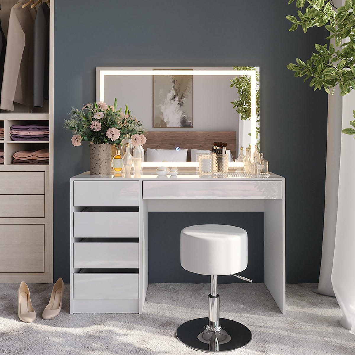 SCHMINKTISCH Sherry Weiß/Weiß Hochglanz 119.8 cm mit LED-Spiegel und Hocker - Weiß Hochglanz, Holzwerkstoff (119.8/76/50.1cm) - Vicco