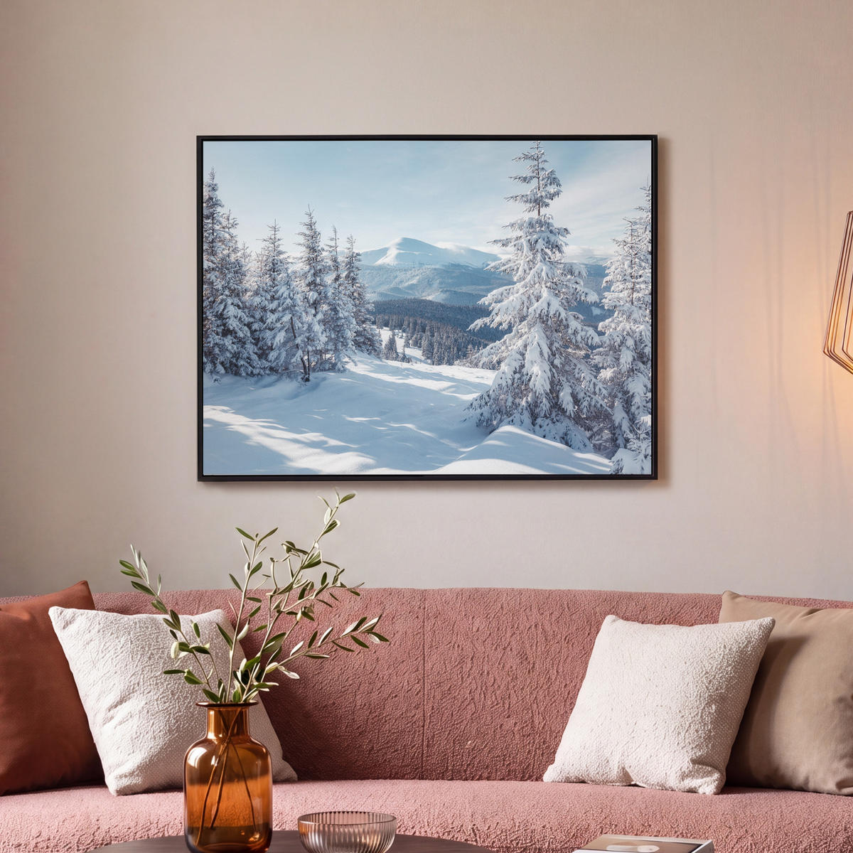 LEINWAND Bilder mit Rahmen - Winterlandschaft - Natur - Berge - Bäume - Schnee - 70x50 - Hellblau, Textil (70/50cm) - MuchoWow