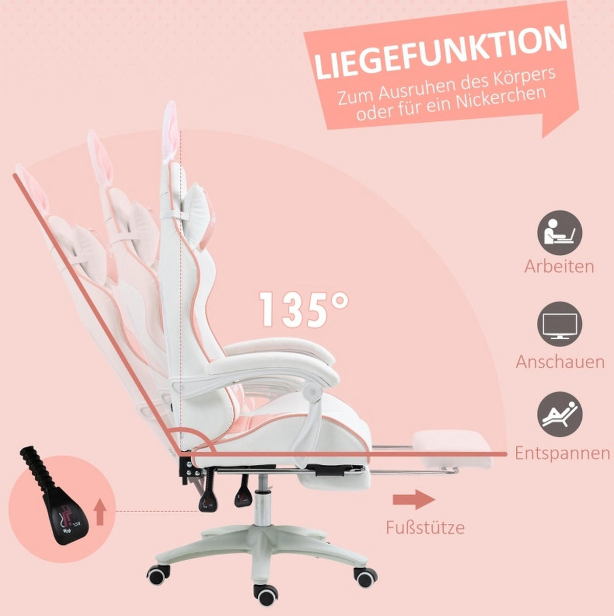 GAMINGSTUHL 65/136-142/63 cm Pink aus Kunstleder mit Fußstütze - Pink, Kunststoff (63/142/65cm) - OKMYHOME