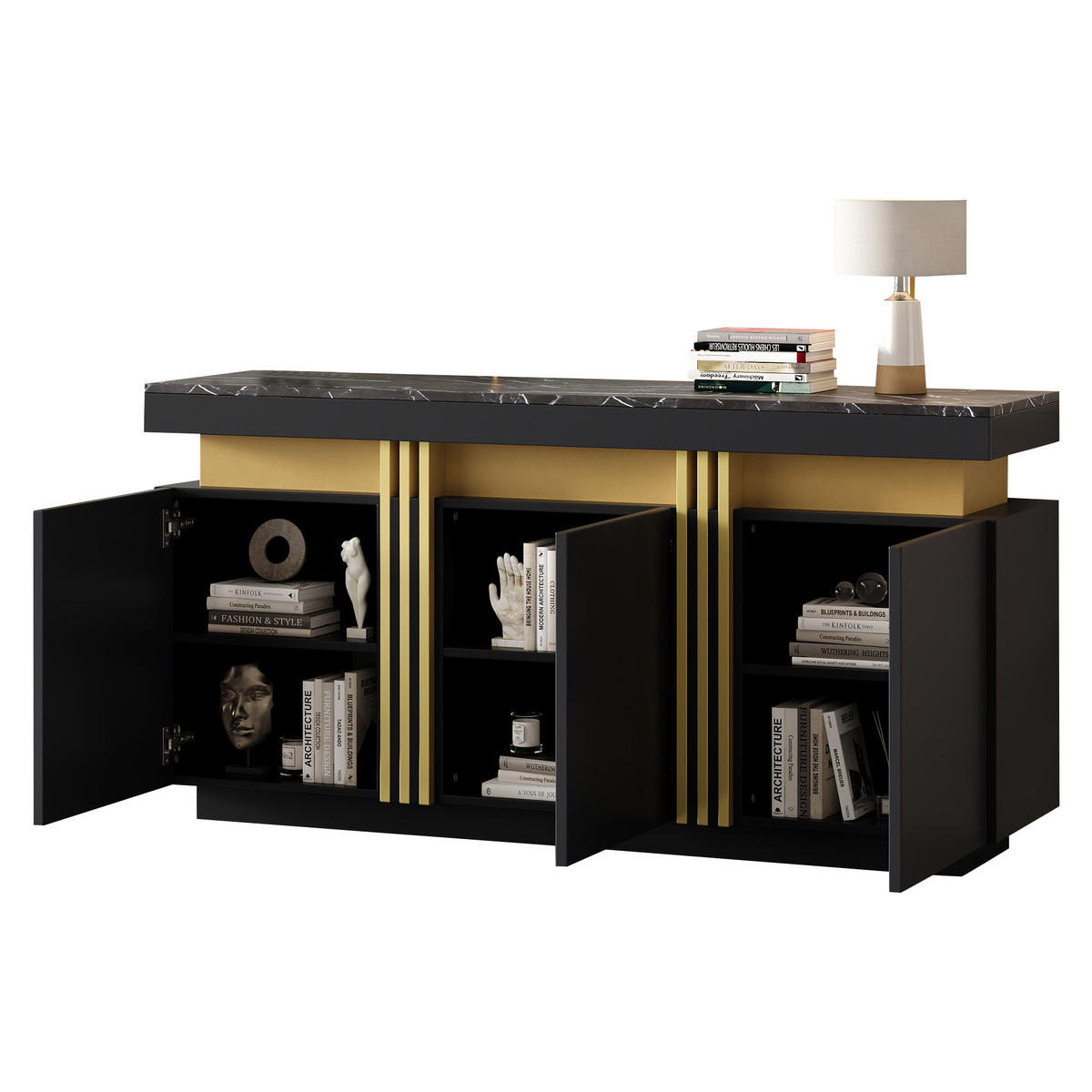 SIDEBOARD Schwarz Gold 3 Türen 140x38x70cm Stauraum Modern - Schwarz, Holzwerkstoff (38/70/140cm) - FLIEKS