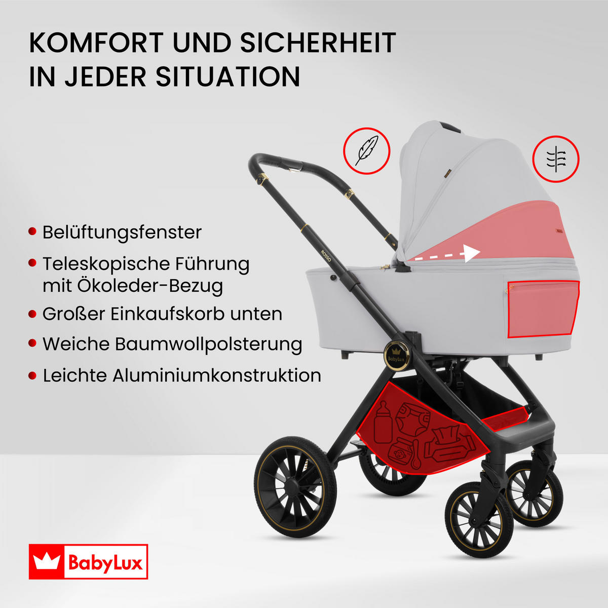 KINDERWAGEN Rosso 4in1 Silber Babywanne, Reisebuggy, Autositz, Isofix Basis - Silberfarben/Schwarz, Textil/Metall (58/98cm) - BabyLux