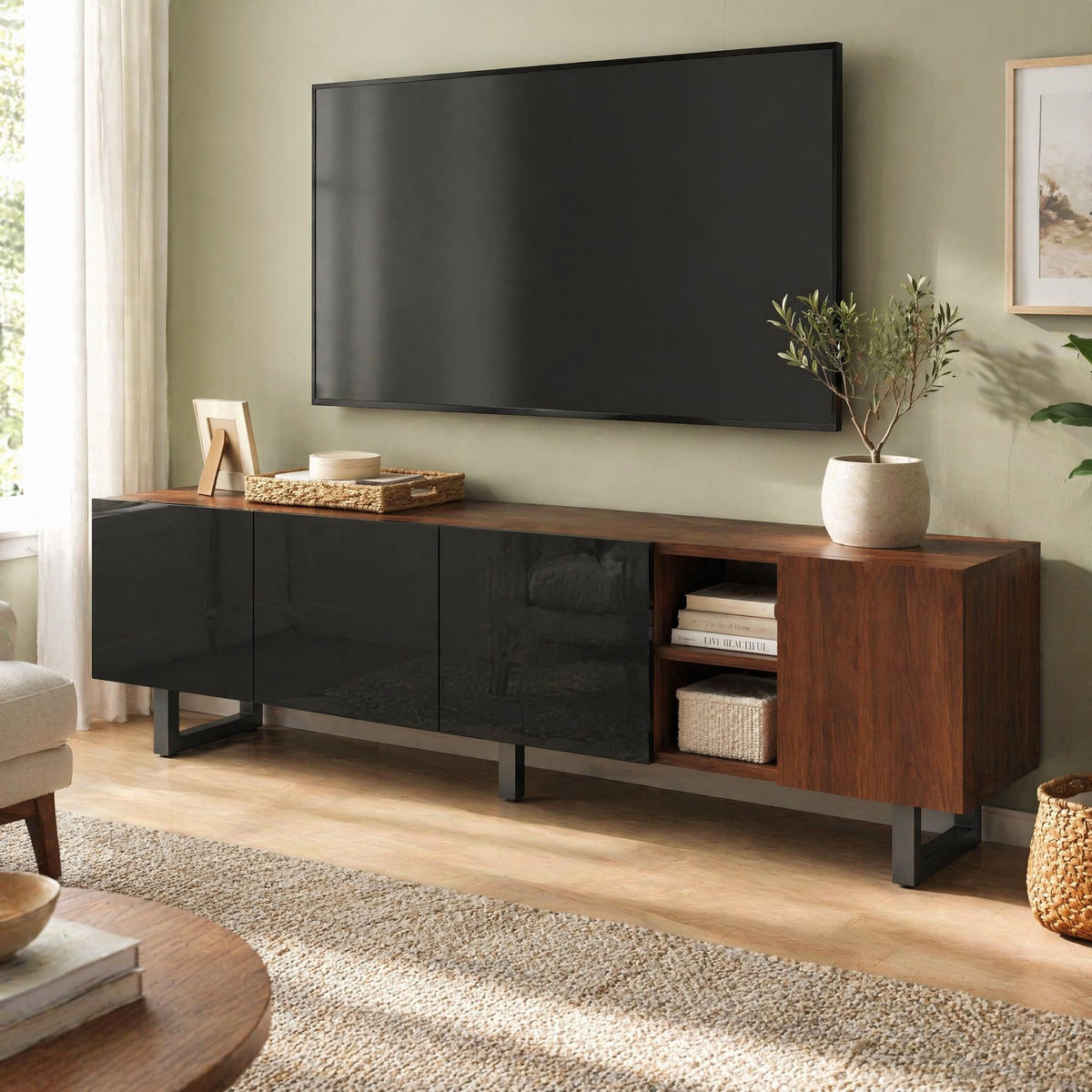 TV STOLEK černý a přírodní, 4 dvířka, do obývacího pokoje, 180×38×50 cm - přírodní/černá, kov/kompozitní dřevo (180/50/38cm) - STILVORA