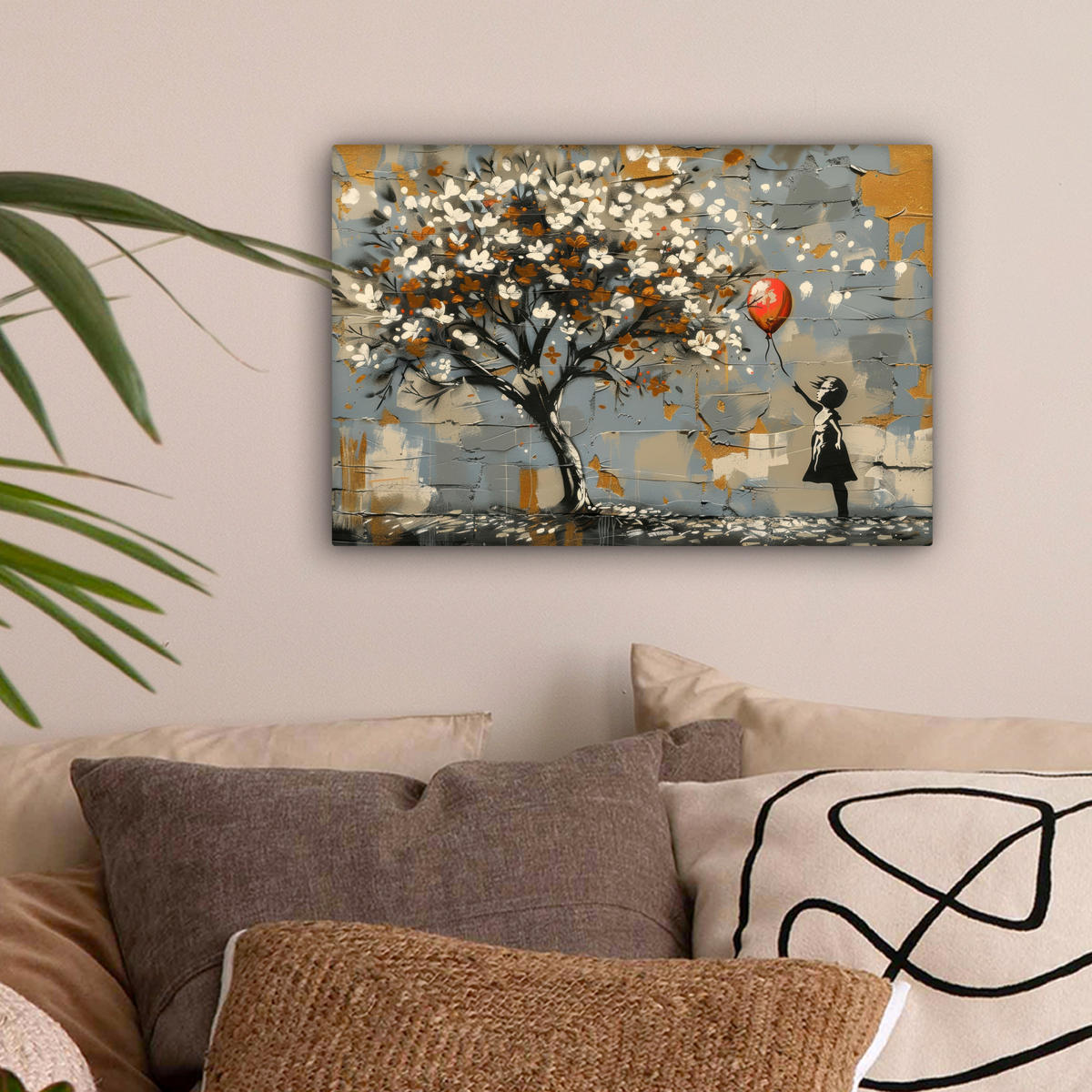 LEINWANDBILD Baum - Graffiti - Banksy-Stil - Ballon-Mädchen Deko Schlafzimmer 30x20 cm - Blaugrau, Textil (30/20cm) - MuchoWow