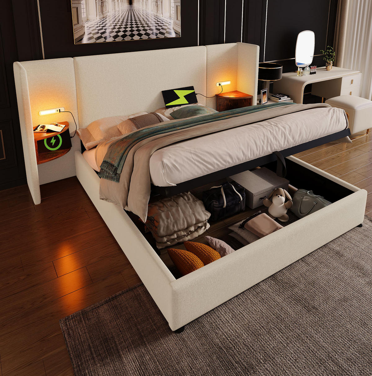 POLSTERBETT 160/200 cm in Beige mit Stauraum, Matratze und USB- und Type-C-Anschlüssen - Beige, Textil (160/200cm) - Flora Grace