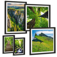 BILDER SET 5er Set - 50x50 cm & 20x30 cm & 40x60 cm Schwarzer Rahmen - Grüne Berge Wasserfallwald - Schwarz, Kunststoff (40/60cm) - TULUP