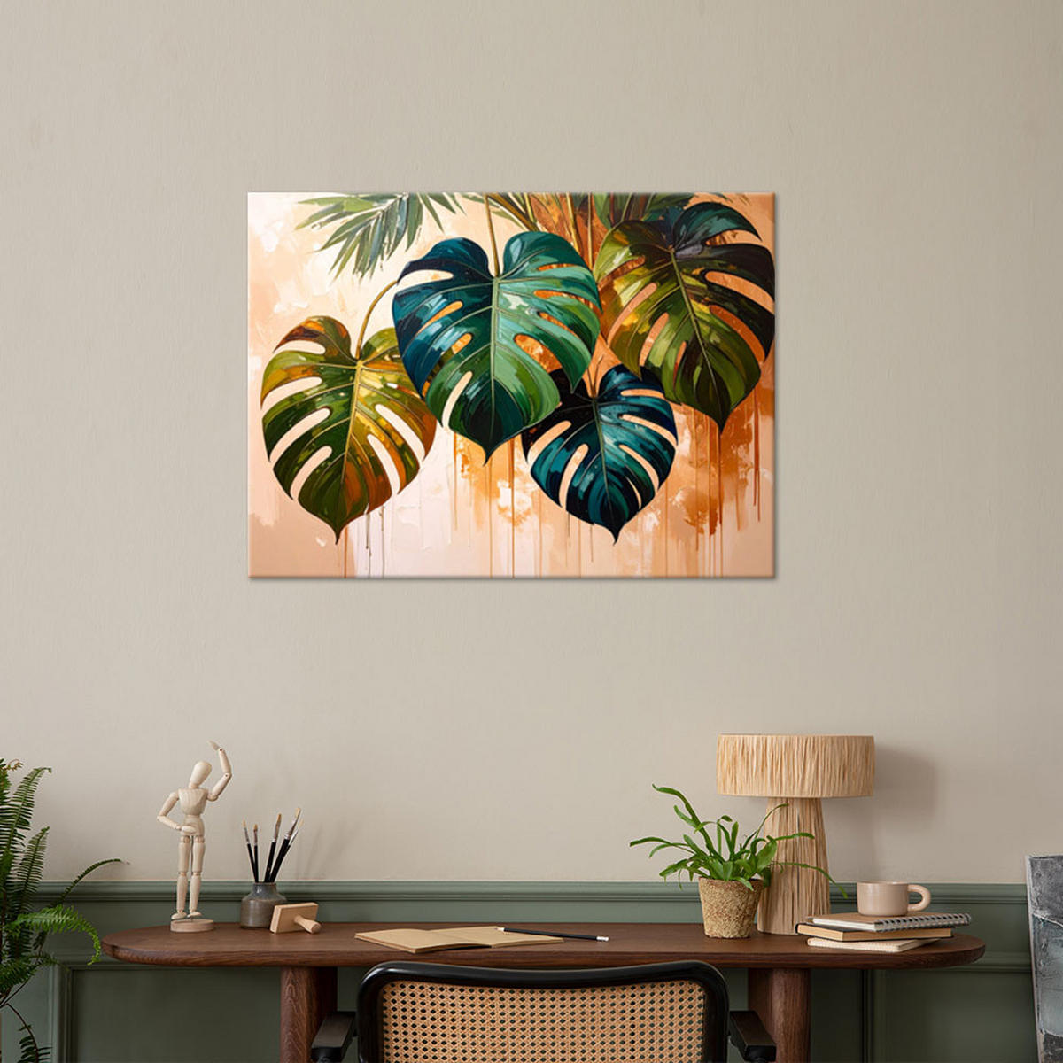 LEINWANDBILD Monstera Blätter Farbeffekt 60x40cm - Grün, Textil (60/40cm) - Feeby