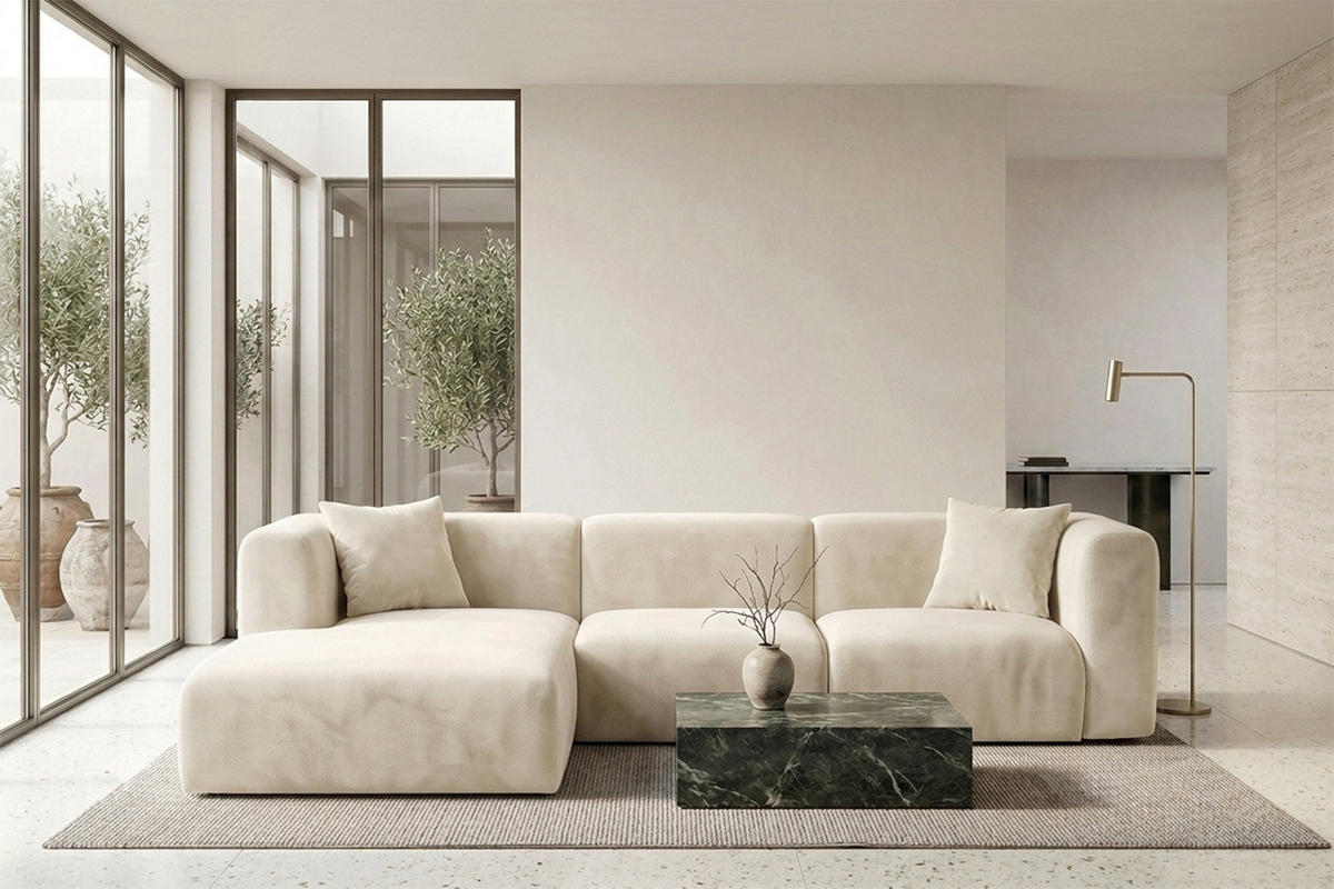ECKSOFA L-Form, Velvet-Stoff Bluvel, Creme, Links, GRETA - Creme, Holz (318/179cm) - Kaiser Möbel
