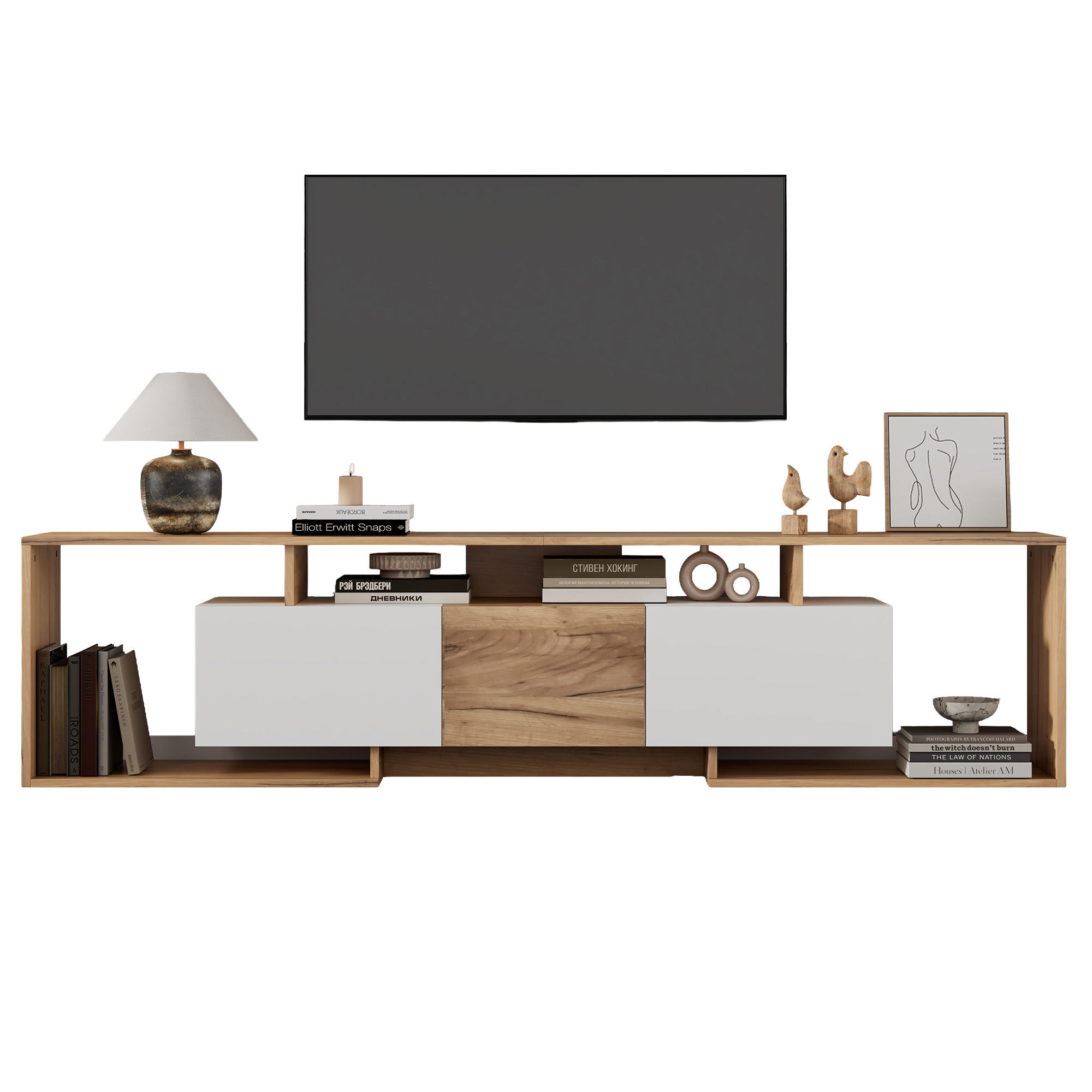 LOWBOARD in Weiß und Naturfarben mit 2 Klapptüren für Wohnzimmer, B180/T30/H49 - Weiß, Holzwerkstoff (180/49/30cm) - STILVORA