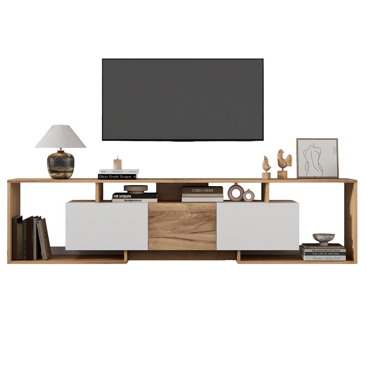 TV-ELEMENTLOWBOARD 180x30x49cm WeißNaturholz für 85ZollTV PushtoOpen - Naturfarben, Holz (39.5/16/99.01cm) - Raelunyi
