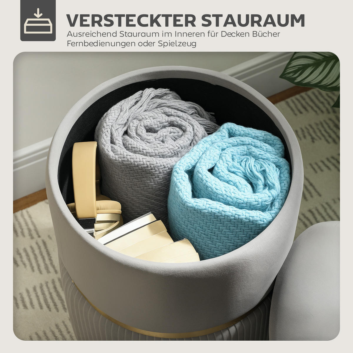 AUFBEWAHRUNGSHOCKER DE-07221 mit Samtbezug und abnehmbarem Deckel Hellgrau - Hellgrau, Textil (36/44/36cm) - ComfortXL