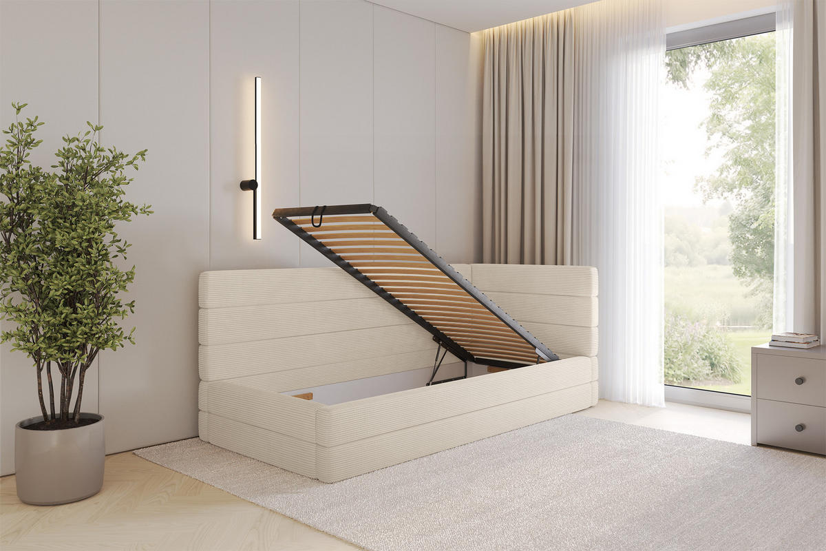 EINZELLBETT Jugendbett mit Bettkasten, Links - BEMY 90x200 Beige - Creme, Holzwerkstoff/Textil (90/200cm) - ALTDECOR