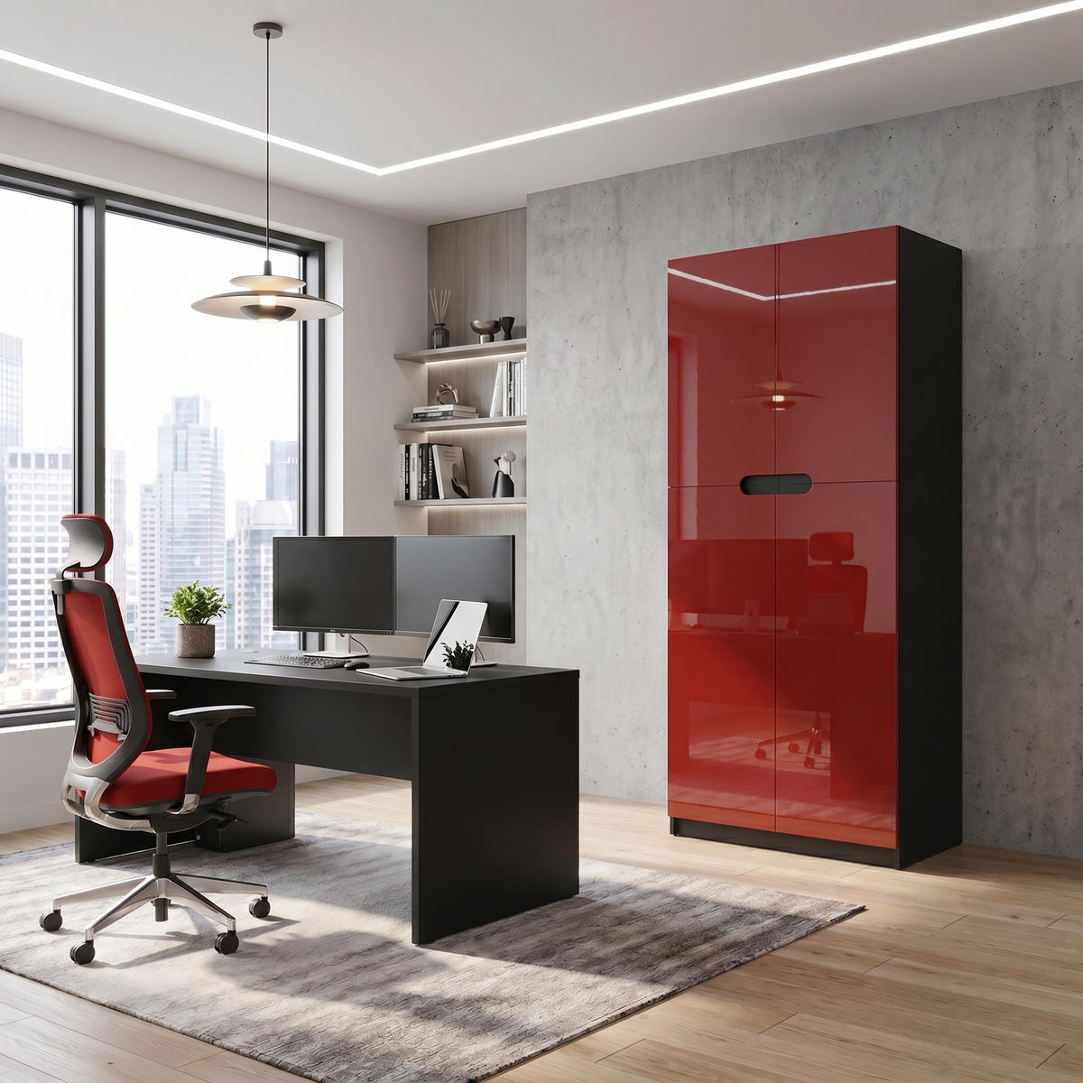 BÜROSCHRANK Logan Fronten in Bordeaux Hochglanz - Bordeaux, Holzwerkstoff (82/184/37cm) - Vladon