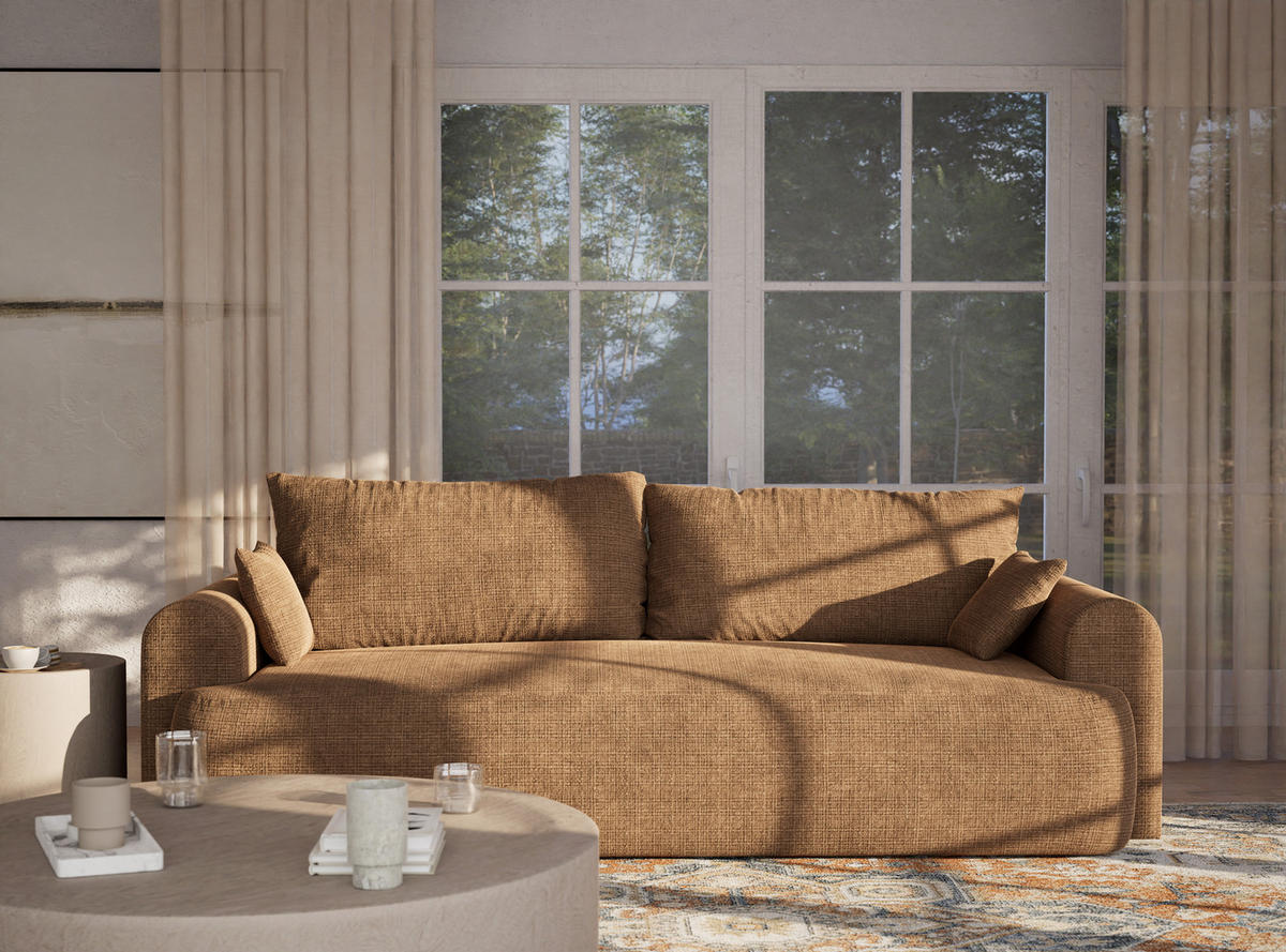 SOFA MIT SCHLAFFUNKTION Toluca Hellbraun Chenille-Stoff - Hellbraun/Schwarz, Holz/Holzwerkstoff (247/69/104cm) - Maison de Reve