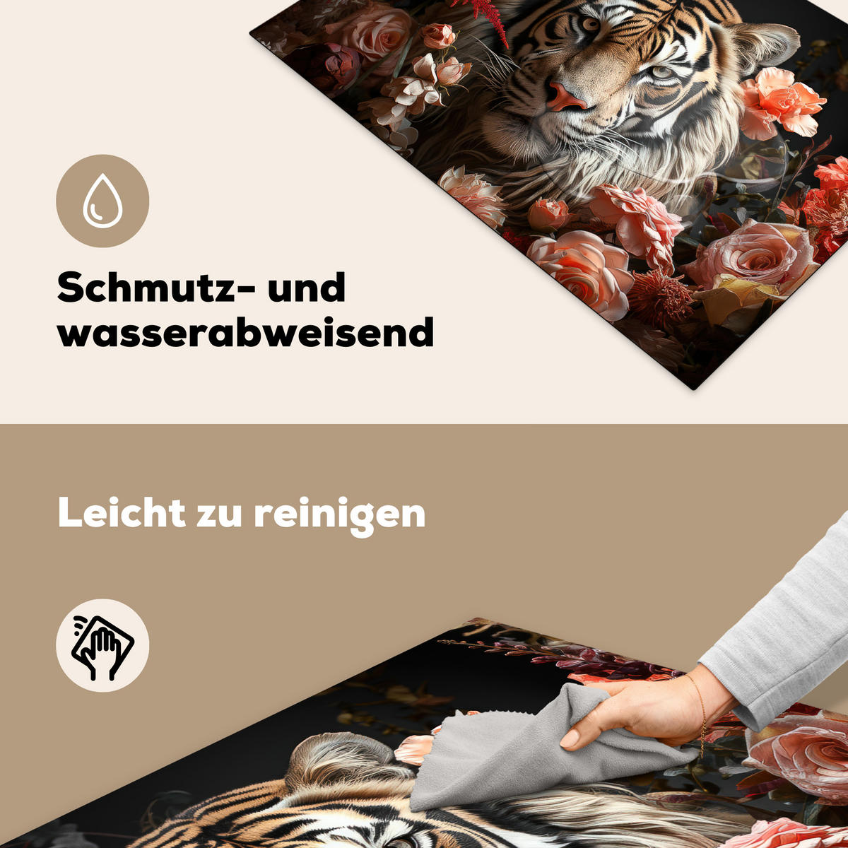 HERDABDECKPLATTE Tiger - Tier - Natur - Floral - Botanisch Induktionsmatte 77x51 cm - Orange, Kunststoff (77/51/0.2cm) - MuchoWow