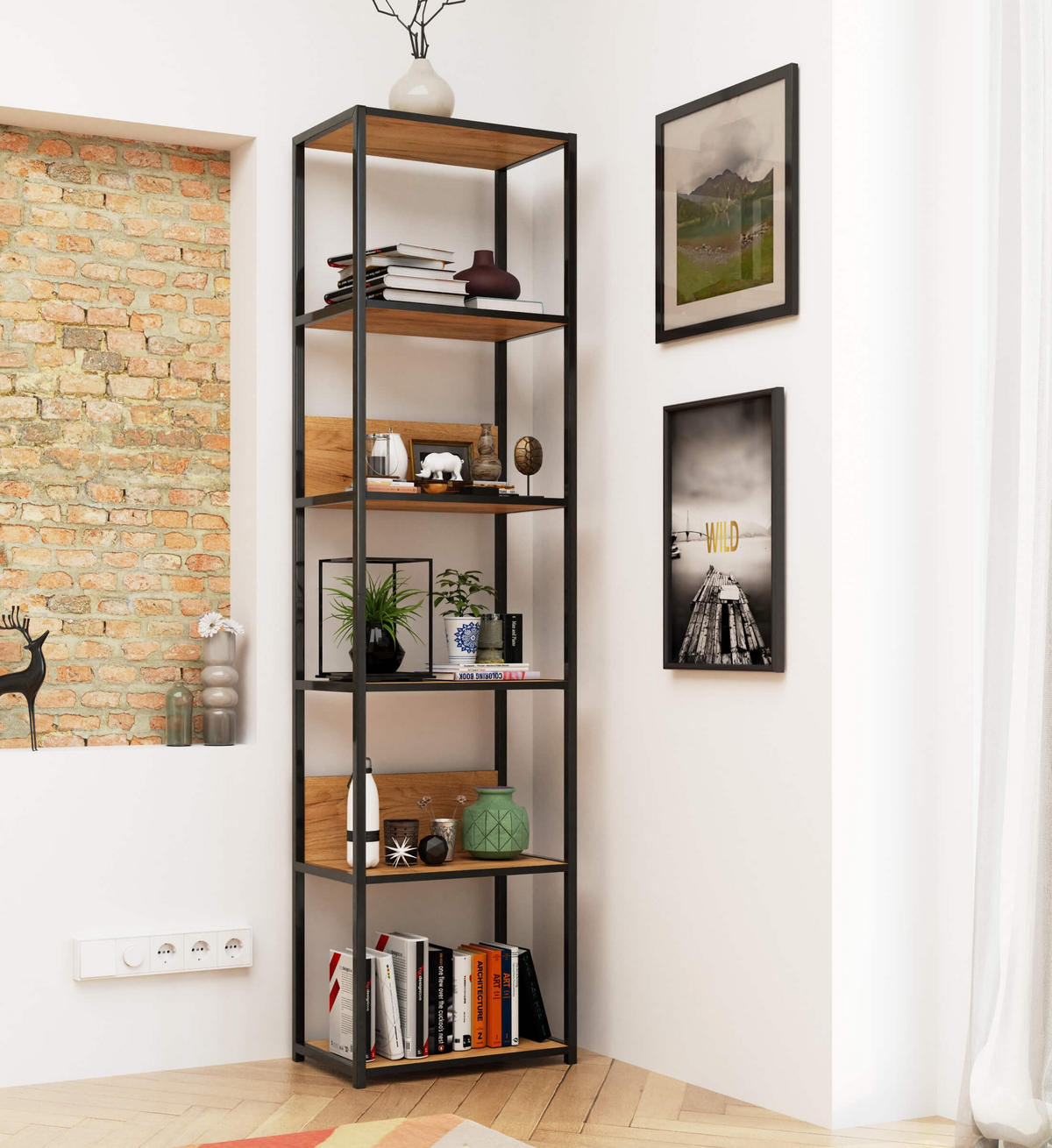 LOFT-REGAL Schwarz, Eichefarben 50x192x32 cm - Eichefarben/Schwarz, Holzwerkstoff/Metall (50/192/32cm) - Akord