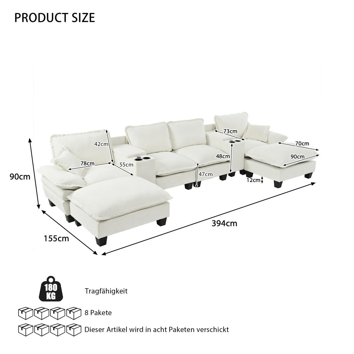 WOHNLANDSCHAFT aus Chenille 392x151x90 cm Beige mit USB-Anschluss, Stauraum, Getränkehaltern und 2 Ottomanen - Beige, Textil (392/90/151cm) - Modfu