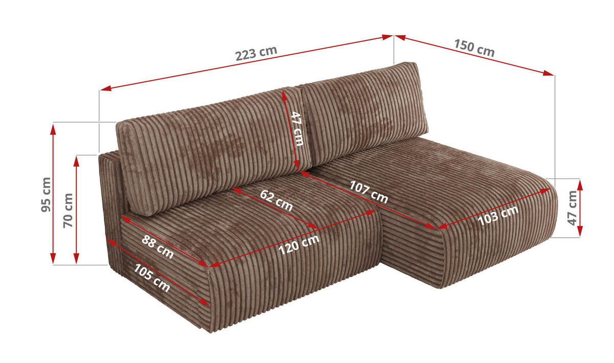 ECKSCHLAFSOFA VIVO L Braun Cord - links - Schwarz/Braun, Kunststoff/Textil (223/150cm) - MKS