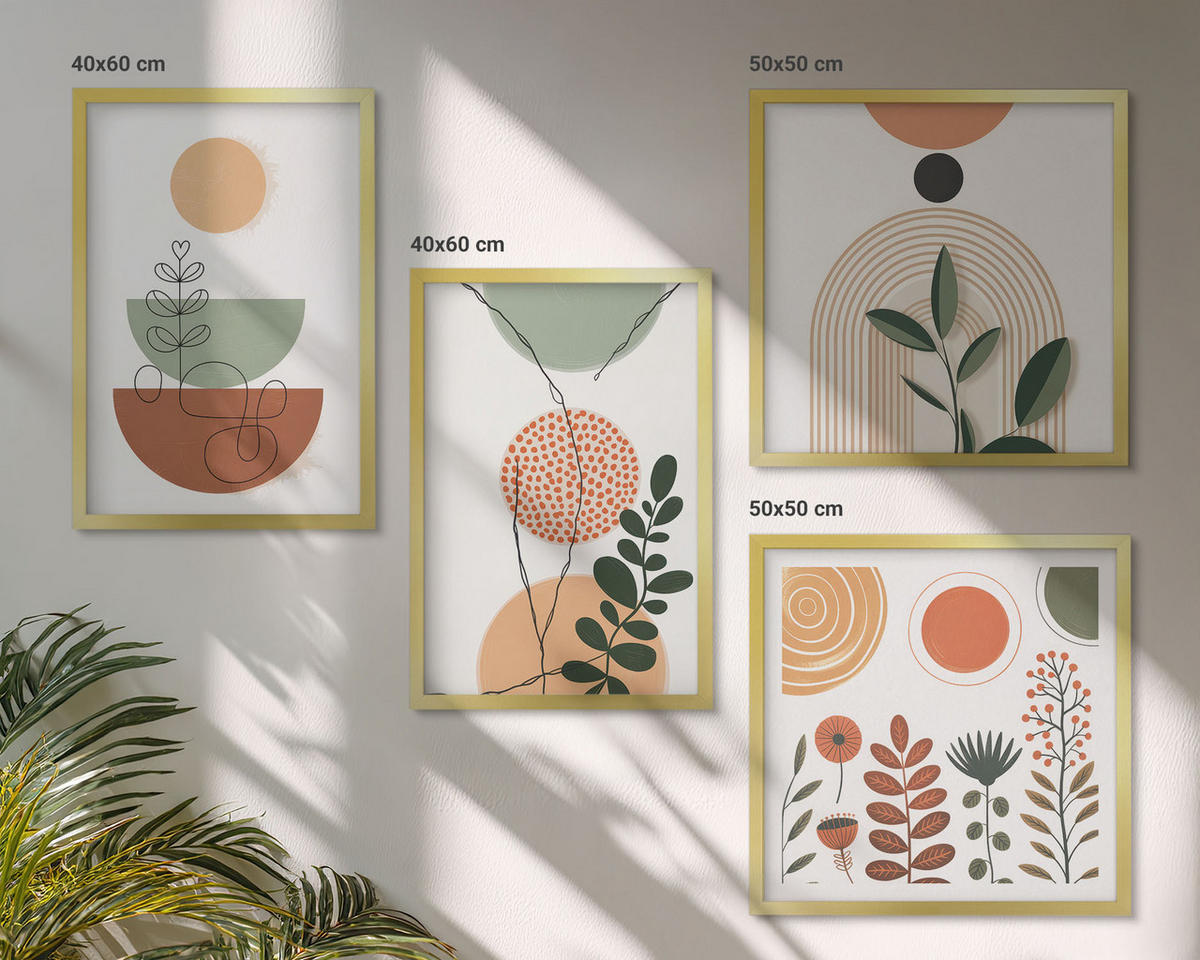 BILDER SET 4er Set - 50x50 cm & 40x60 cm Goldrahmen - Abstrakte Pflanzenformen - Goldfarben, Kunststoff (50/50cm) - TULUP