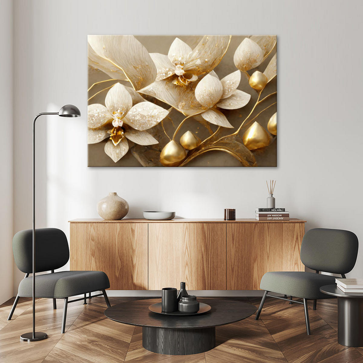 LEINWANDBILD 3D Blumen Glamour Gold 120x80cm - Goldfarben, Textil (120/80cm) - Feeby