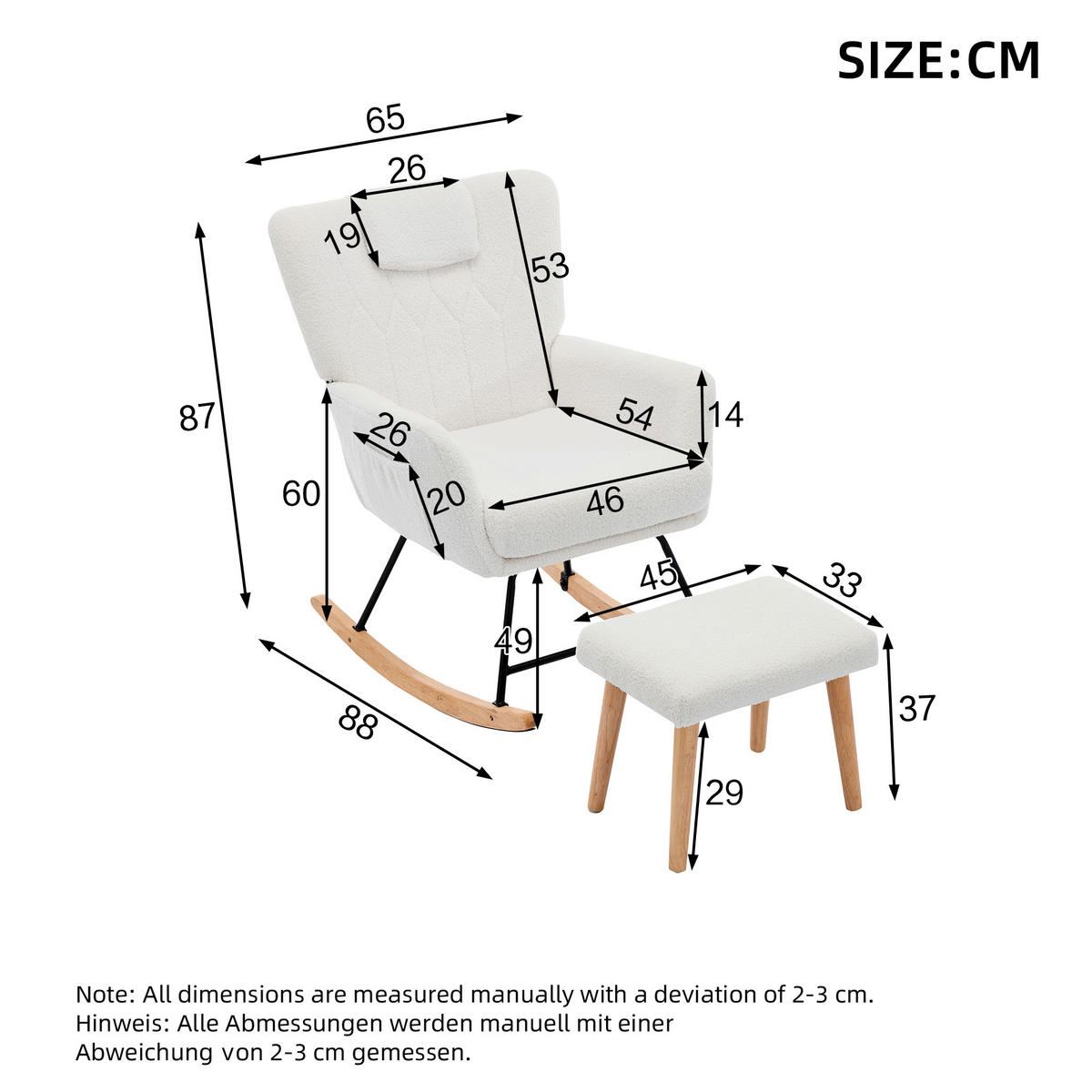 SCHAUKELSTUHL Weiß Teddy mit Fußhocker & Holzrahmen 30° Schaukelfunktion - Beige/Sonoma Eiche, Holzwerkstoff/Buchenholz (65/87/88cm) - Urban Meuble