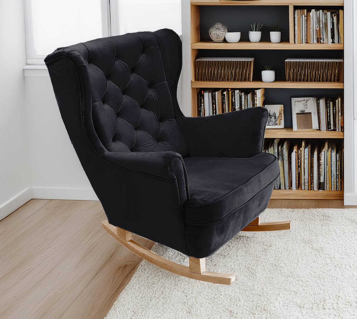 SCHAUKELSESSEL mit gepolstertem Sitz und Armlehnen, 102x81x95 cm, Schwarz_29862 - Anthrazit/Buchefarben, Holz/Textil (81/102/95cm) - DomoHome