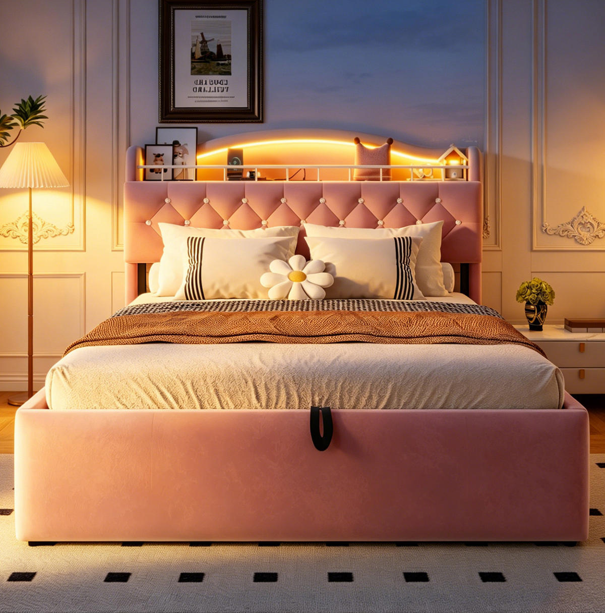 POLSTERBETT 140x200 cm in Rosa mit LED-Beleuchtung, USB-Anschlüssen und Stauraum - Pink, Textil (140/200cm) - IVMEU