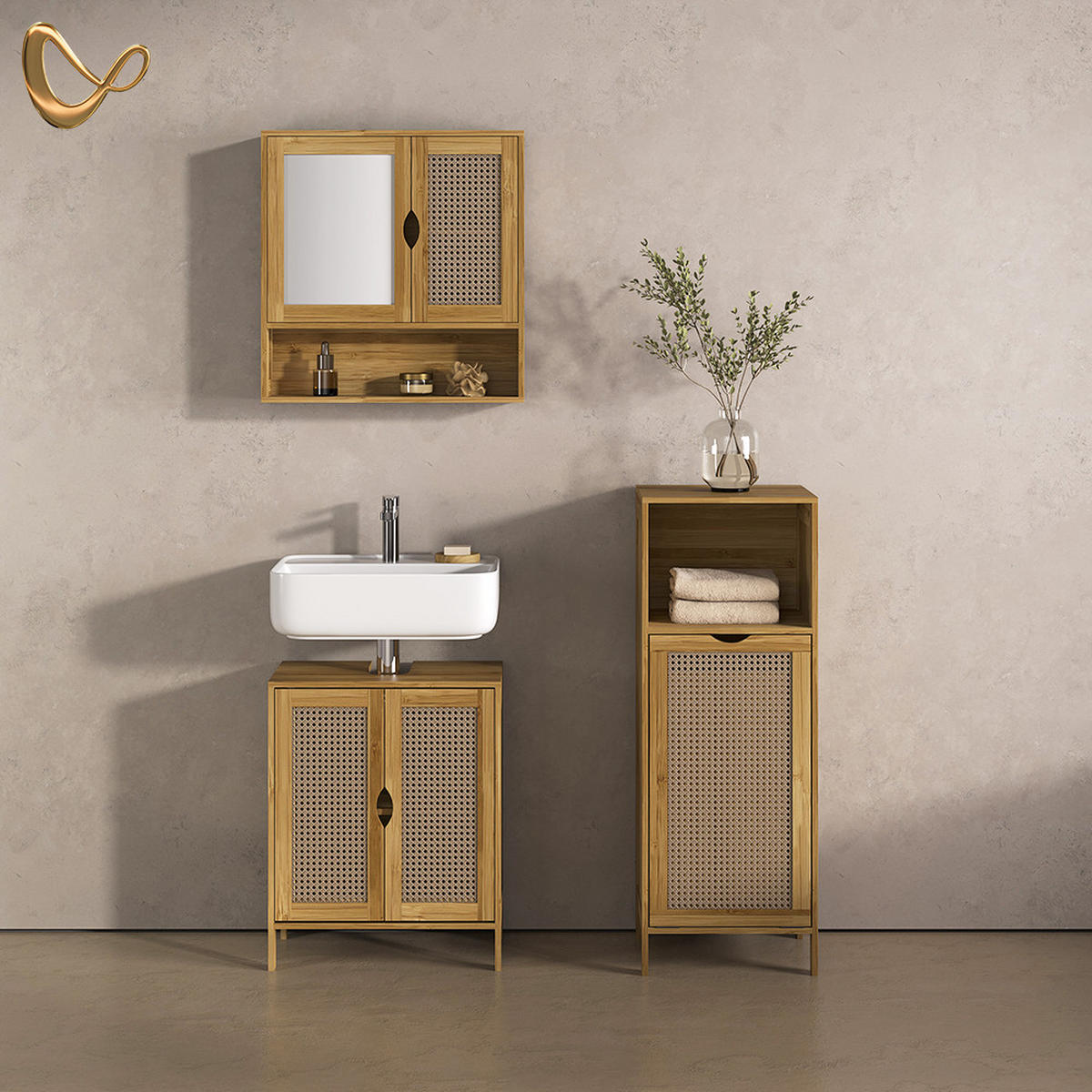 BADMÖBEL-SET Mincio, Bambus, 3dílná - přírodní, kompozitní dřevo (50/60/29cm) - Livinity®