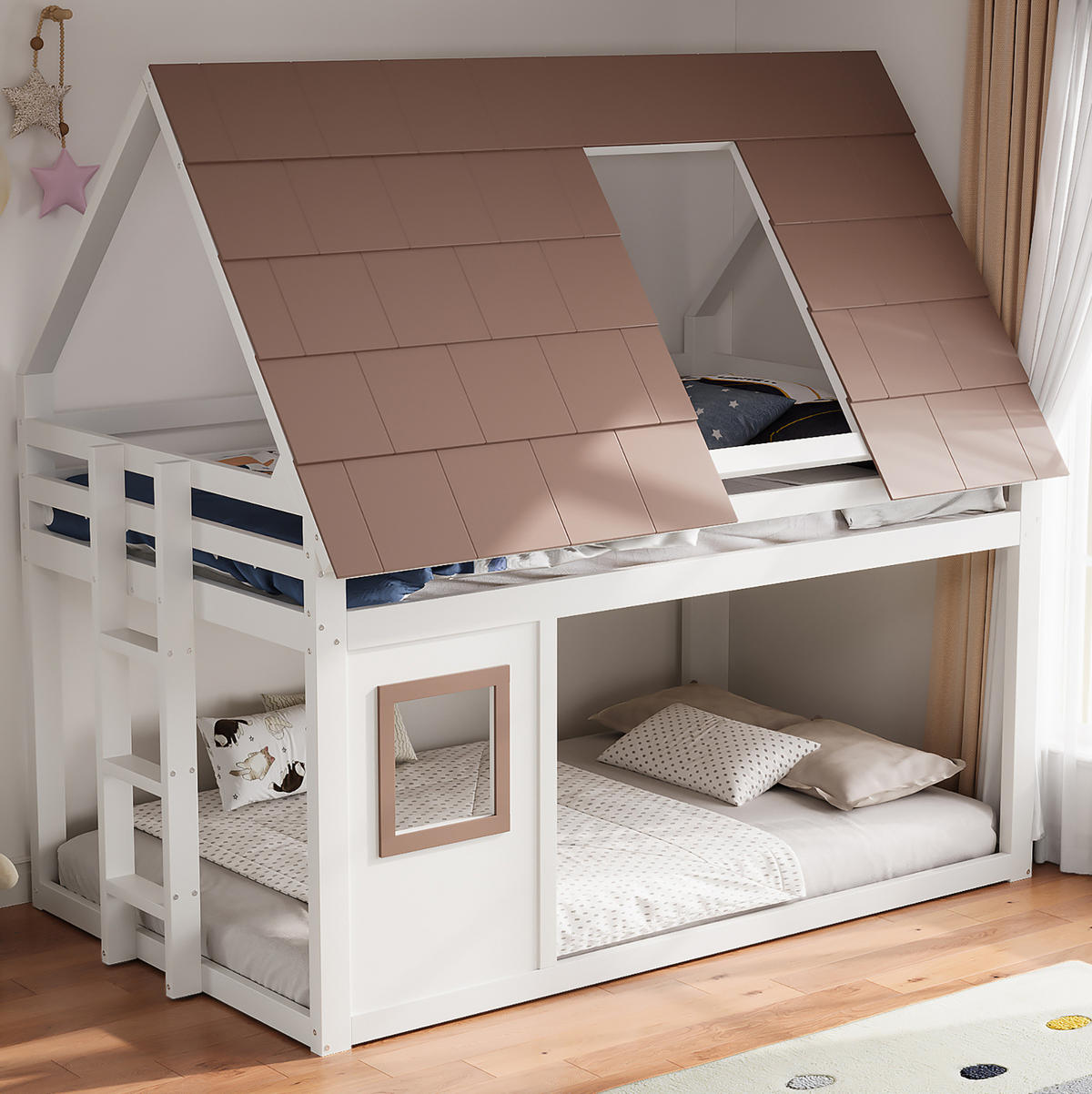 ETAGENBETT 140/200 cm aus Holz mit Dach, Leiter und Fensterdesign, Weiß/Braun - Weiß, Holzwerkstoff (140/200cm) - Redom