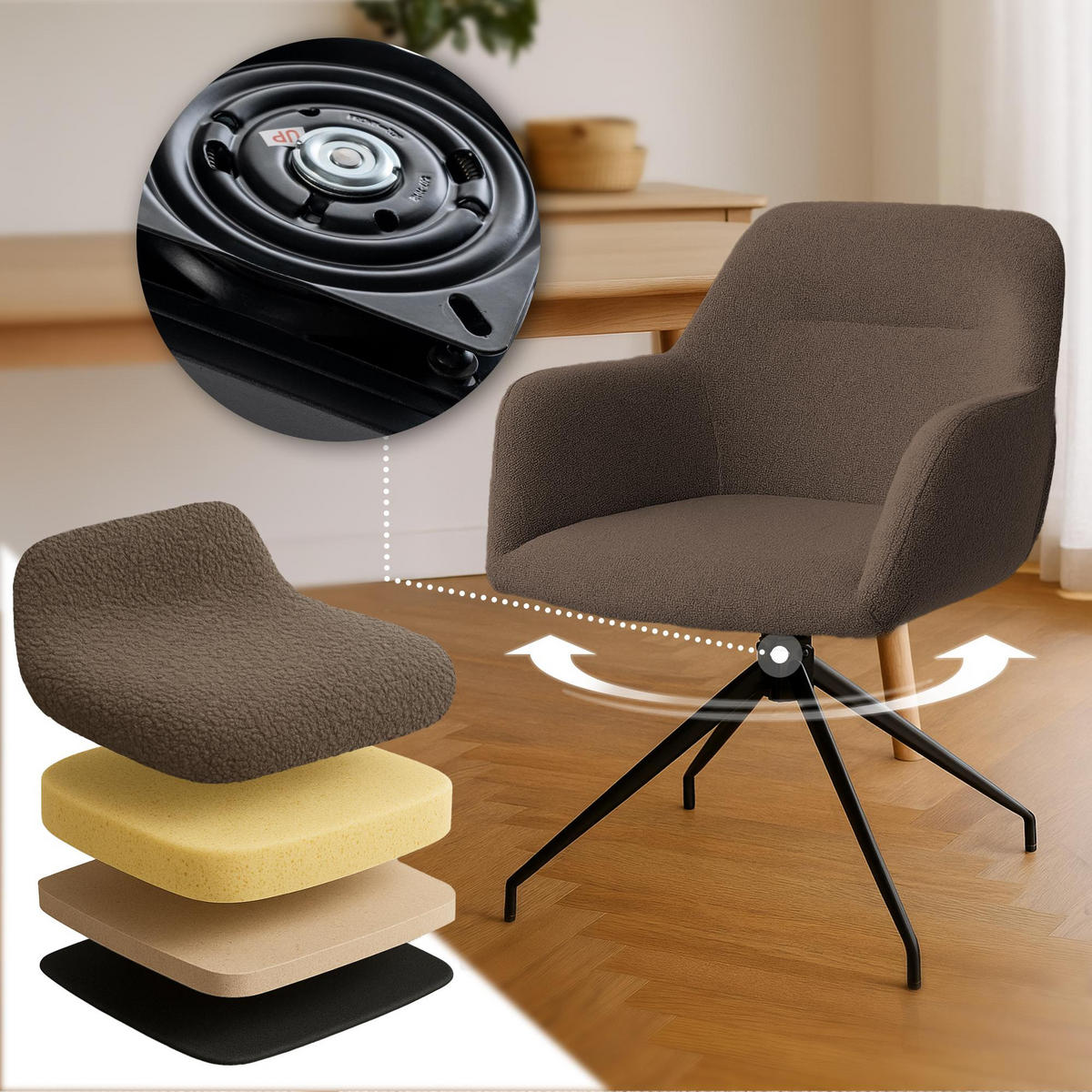 ARMLEHNENSTUHL Stoff Braun - Schwarz/Braun, Textil/Metall (58/85/60cm) - CLP