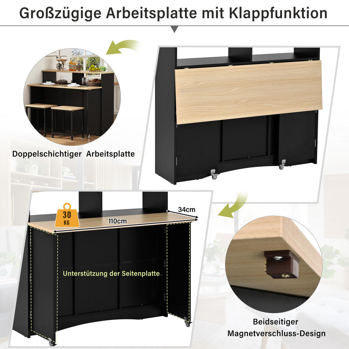 KÜCHENINSEL 110/34-68/97,5 cm schwarz mit klappbarer Arbeitsplatte - Schwarz, Holzwerkstoff (110/97.5/68cm) - OKWISH