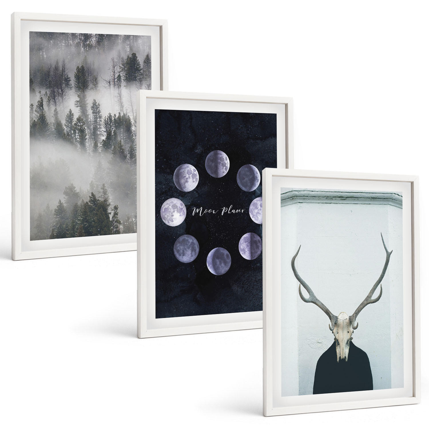 BILDER SET 3er Set - 40x60 cm Weißer Rahmen - Waldlandschaft, Nebel, Mond, Hirschschädel - Weiß, Kunststoff (40/60cm) - TULUP