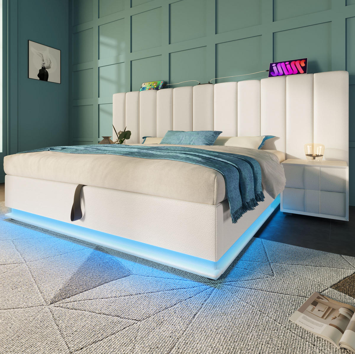 POLSTERBETT mit Bettkasten 180/200 cm in Weiß mit LED-Beleuchtung und USB-C - Weiß, Kunststoff (180/200cm) - BEAOK