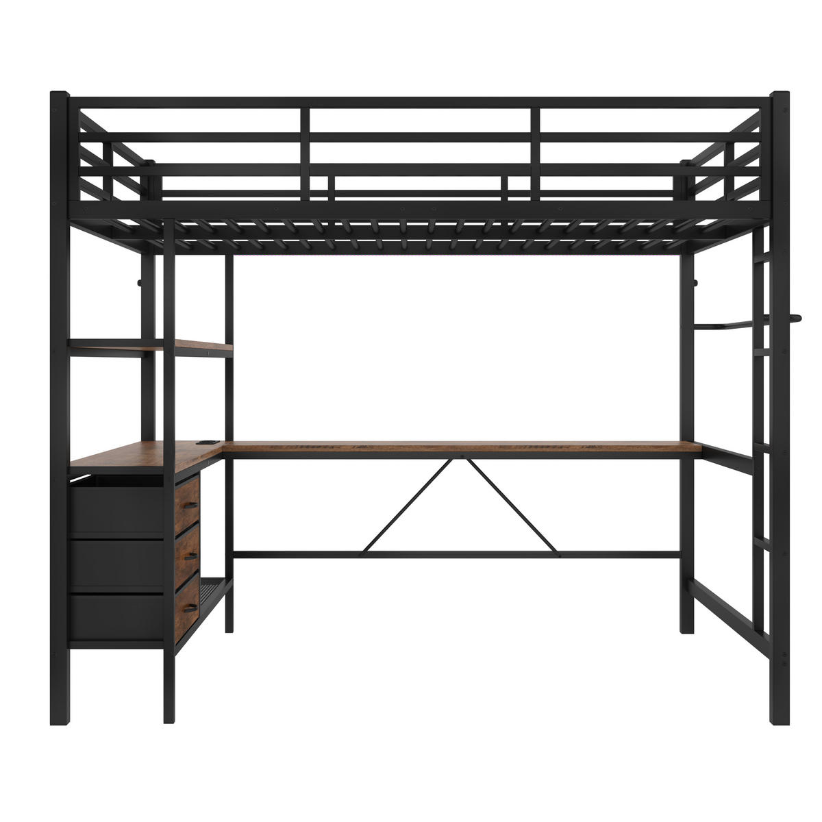 HOCHBETT 140/200 cm Schwarz mit LED-Beleuchtung Schreibtisch Steckdose USB und 3 Schubladen - Schwarz, Metall (140/200cm) - OKWISH