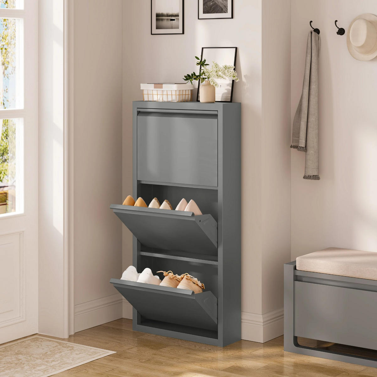 SCHUHKIPPER mit 3 Klapptüren, 50 x 106 x 15 cm, Grau - Grau, Metall (50/106/15cm) - Kaket