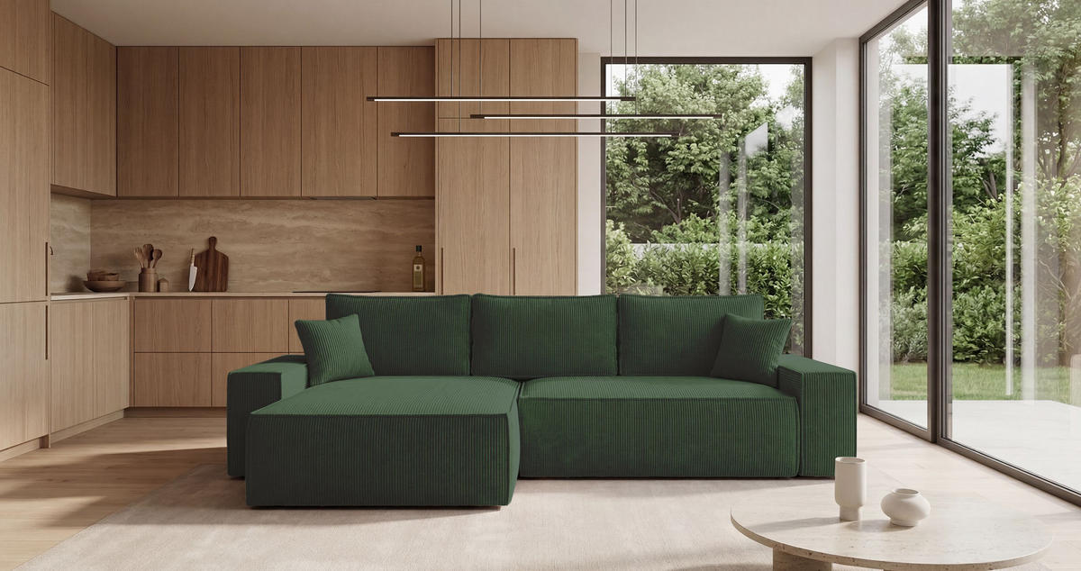 ECKSOFA California mit Schlaffunktion Grün Links - Grün, Textil (280/185cm) - Cornero