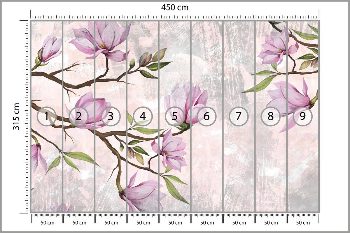 FOTOTAPETE für Schlafzimmer Rosa Magnolienblüten Botanisch 450x315 - Beige/Violett, Papier (450/315cm) - Muralo