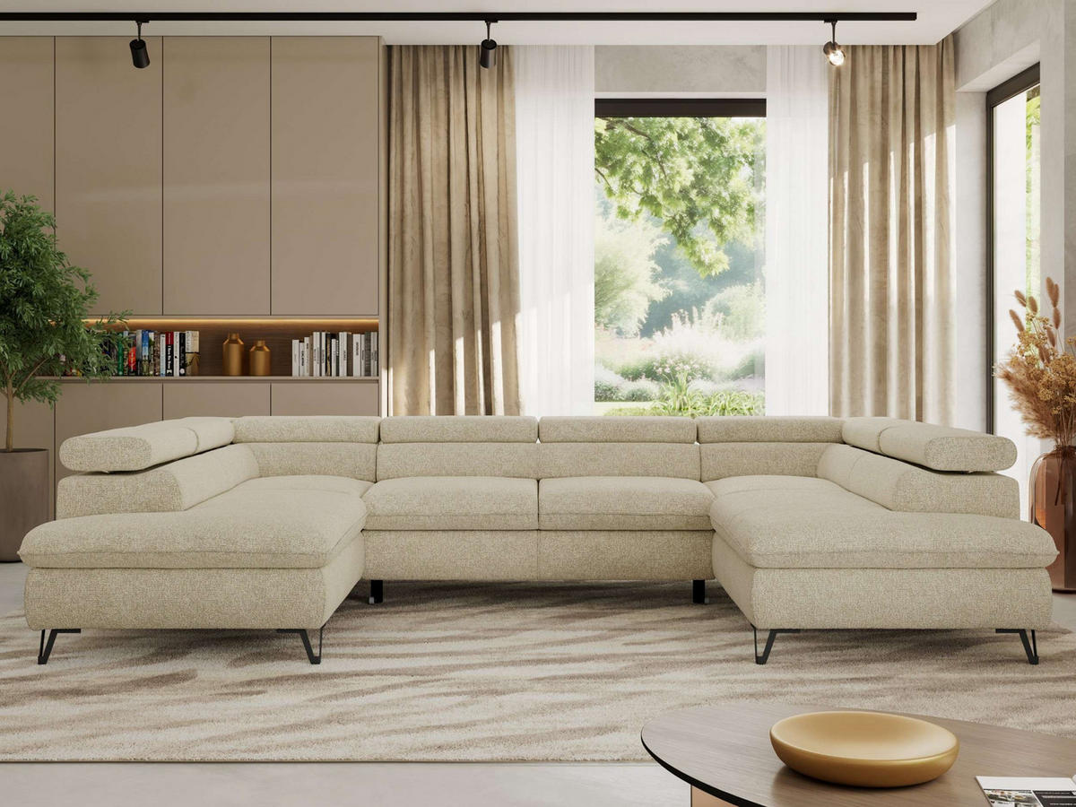 WOHNLANDSCHAFT PABLO U Strukture Creme mit Topper Visco - Creme/Schwarz, Textil/Metall (346/76/208cm) - MKS