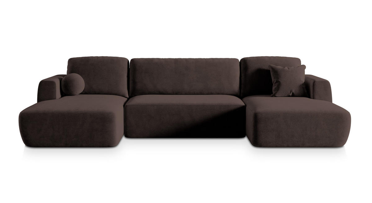 WOHNLANDSCHAFT SENTUM K Braun Plüsch-Stoff mit Schlaffunktion - Braun, Holz (330/90/148cm) - MASSENO