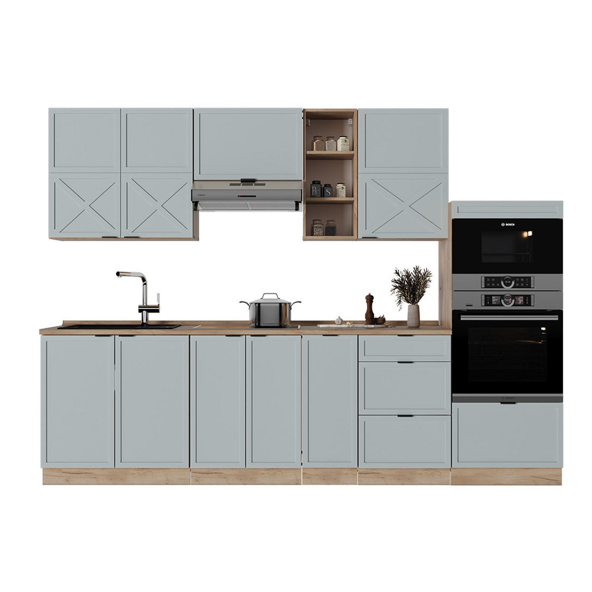 KÜCHENZEILE Fame-Line Hellblau-grau/Goldkraft Eiche 280 cm ohne AP - Honigeiche/Blaugrau, Holzwerkstoff (280/81.6/46cm) - Vicco