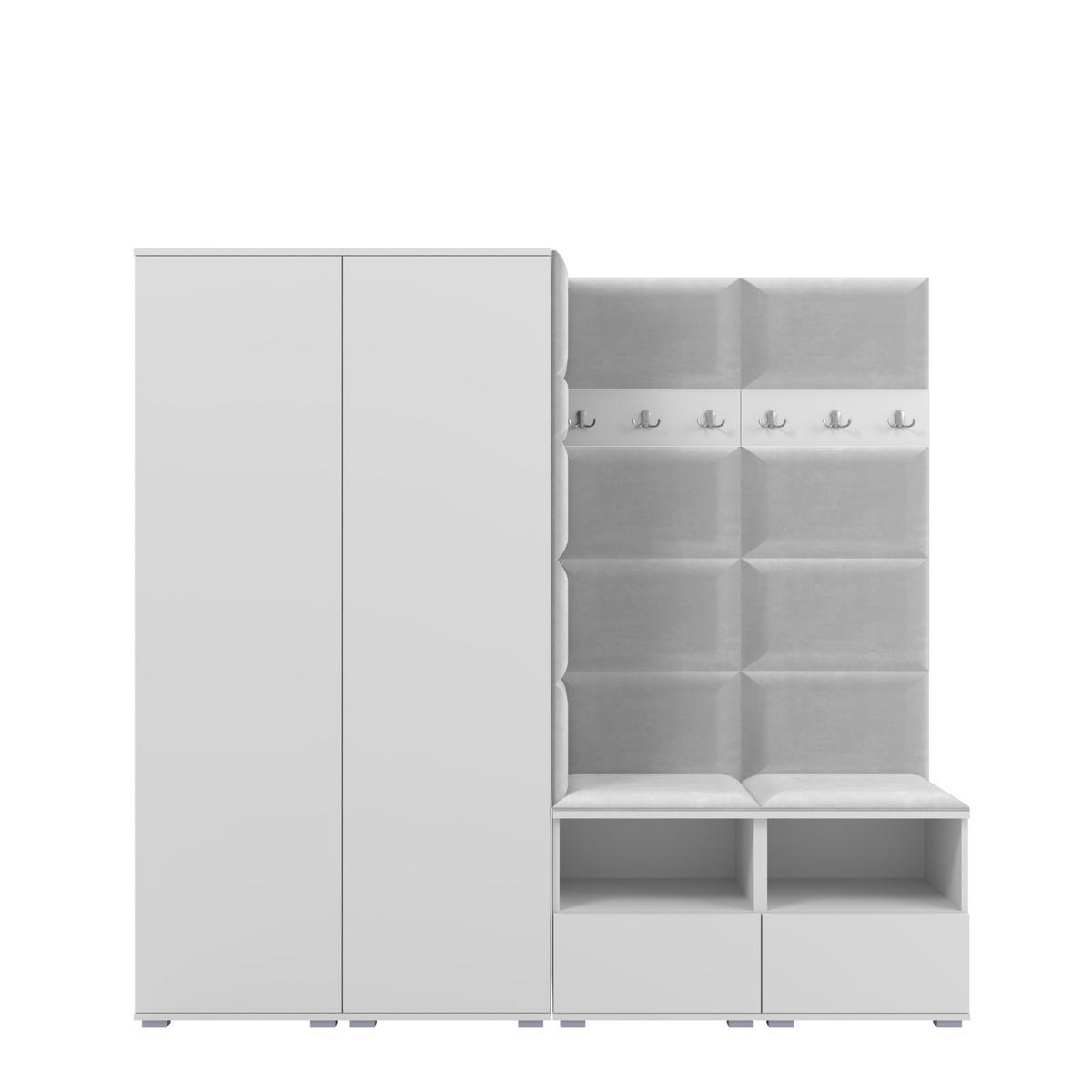 GARDEROBE NELA VI 200 cm (Kompaktgarderobe Weiß mit Sitzpolster Hellgrau 32 Schrank & Paneel) - Silberfarben/Hellgrau, Holz/Holzwerkstoff (200/187/40cm) - Ravio
