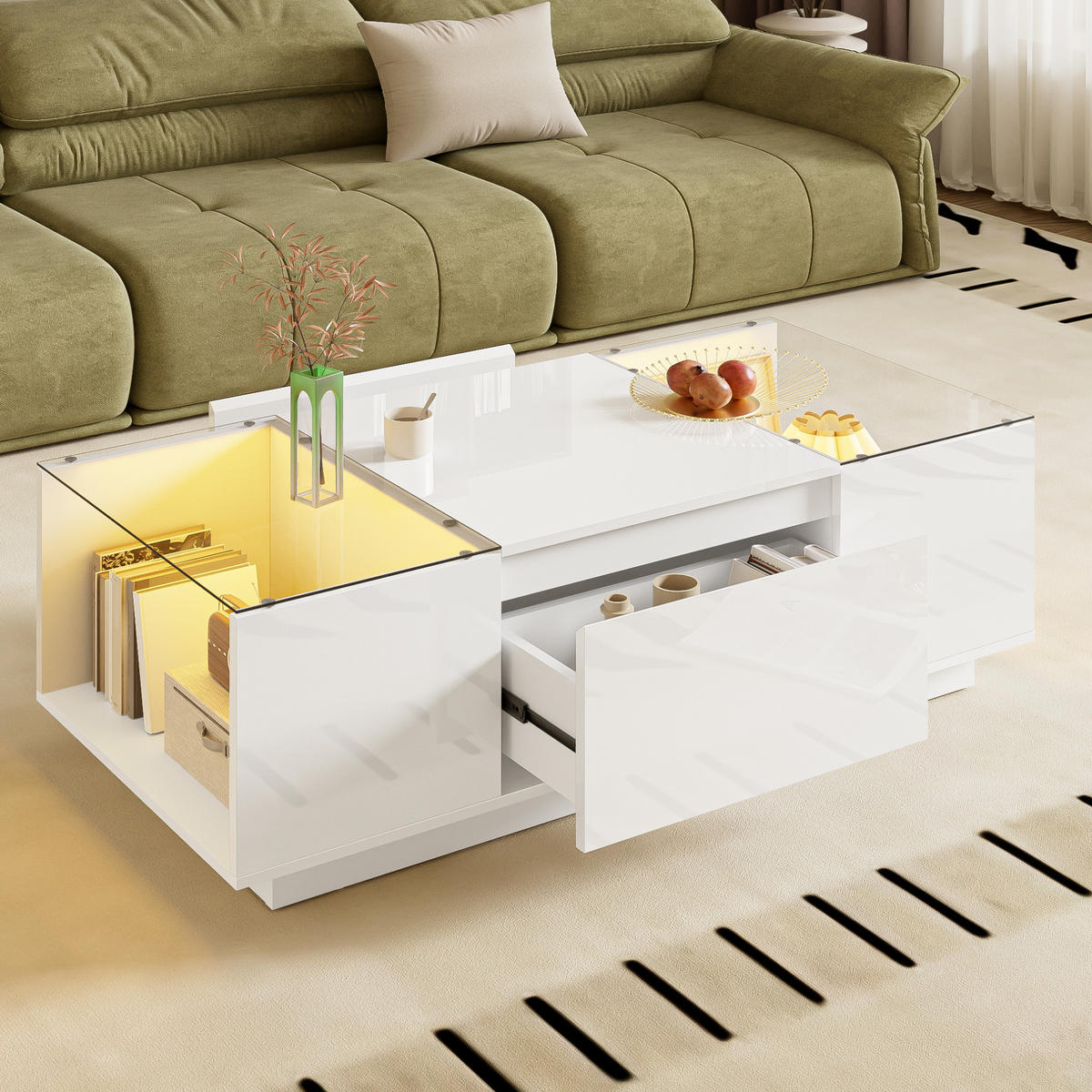 COUCHTISCH aus Spanplatte 105x50x35 cm in Weiß mit LED-Beleuchtung - Weiß, Holzwerkstoff (105/50/35cm) - Modfu