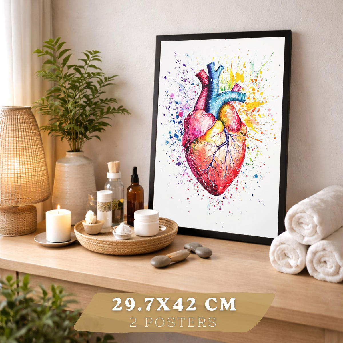 POSTER Set aus 2 Anatomie Drucke und Wandbilder mit Gehirn und Herz Künstlerische Mehrfarbig Aquarell Illustration Größe Schwarzer Rahmen A3 - Schwarz, Papier (29.7/42/3cm) - Nacnic