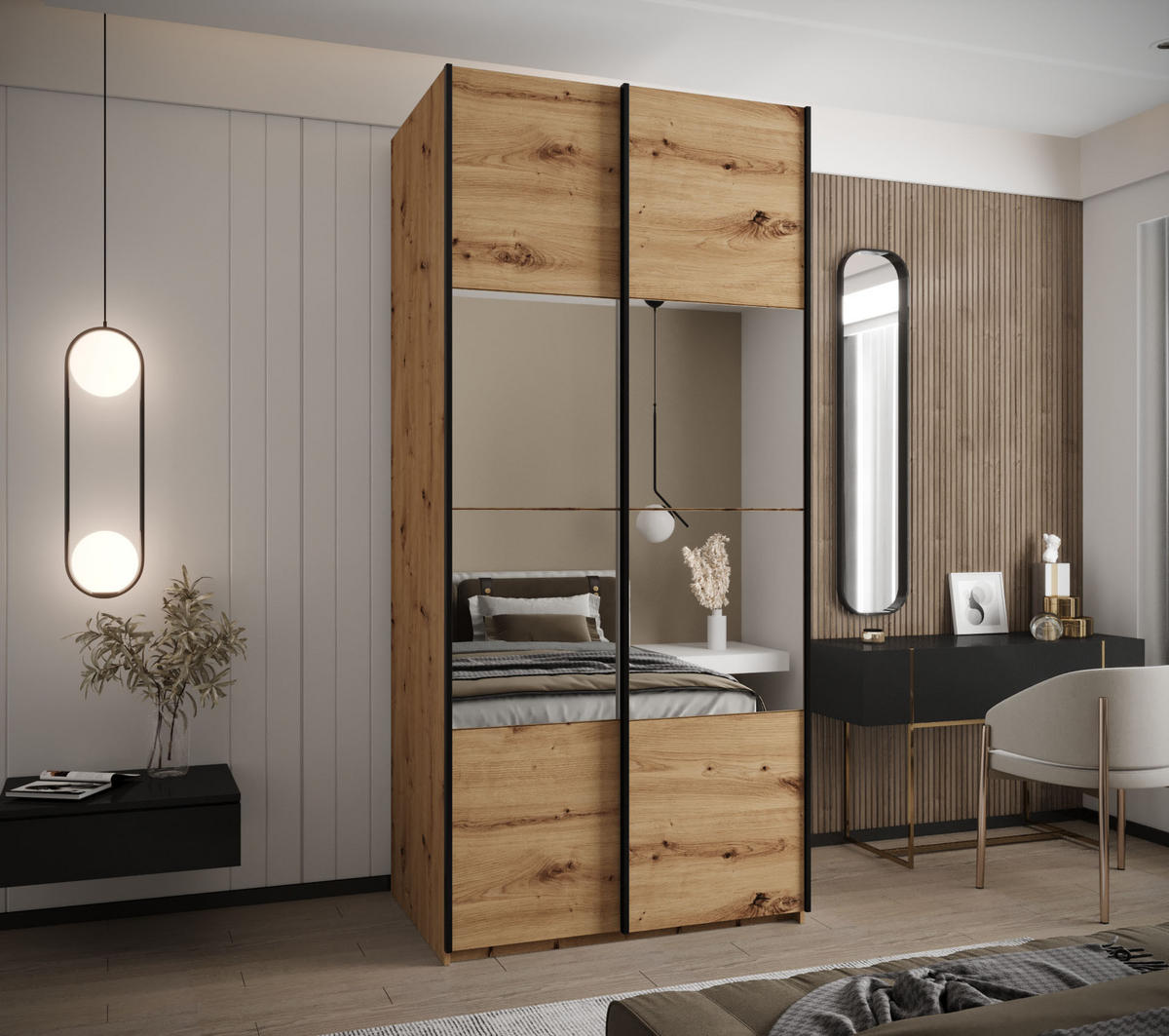 SCHWEBETÜRENSCHRANK 245,5/110/64 2-türig - Schwarz/Eiche Artisan, Holz/Metall (110/245/64cm) - Abiks Möbel