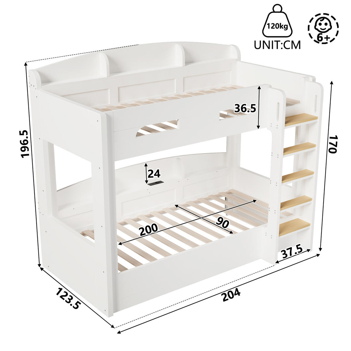 HOCHBETT 90/200 cm in Weiß mit Unterbett, USB-Steckdose und Ablagefächern aus Massivholz und MDF - Weiß, Holzwerkstoff (90/200cm) - STILVORA