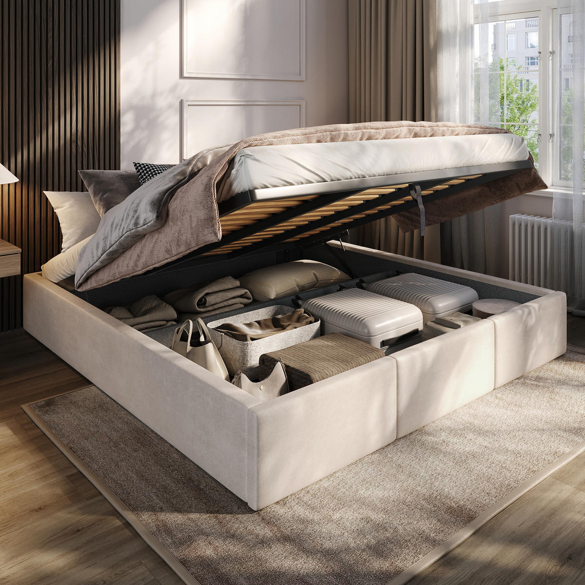 POLSTERBETT für Schlafzimmer Bett mit Stauraum Creme 180x200cm - Creme, Holzwerkstoff/Textil (180/200cm) - Muralo