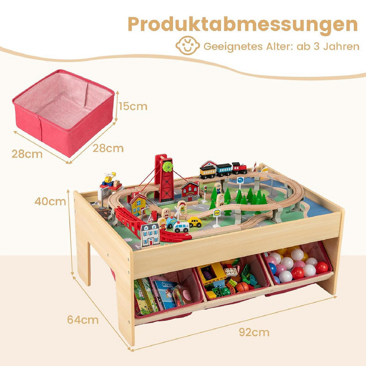 EISENBAHN‑SET aus Holz natur(94-tlg) - Naturfarben, Holzwerkstoff (92/40/64cm) - COSTWAY