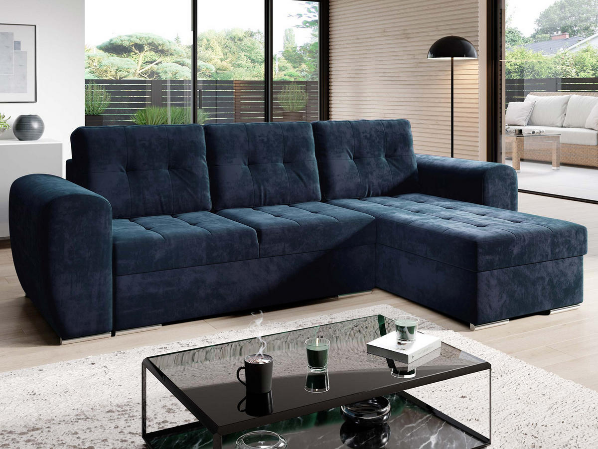 ECKSOFA Bari - Silberfarben/Dunkelblau, Holz/Textil (256/157cm) - MIRJAN24