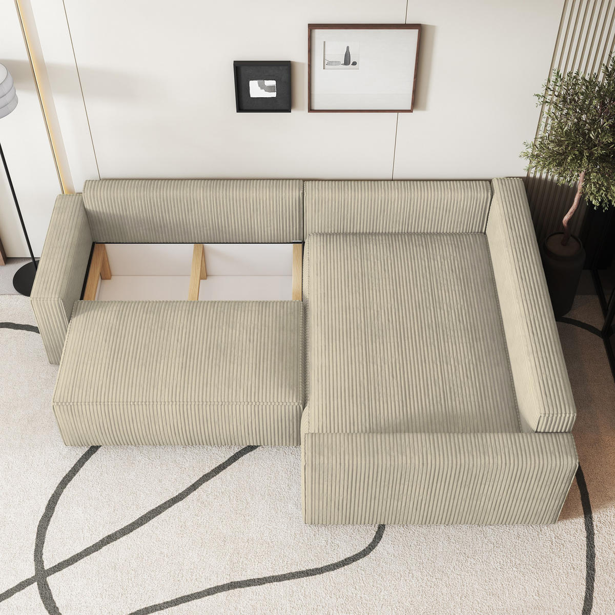 ECKSOFA ERONIS R-S Creme Kordstoff mit Schlaffunktion - Creme, Holz (265/194cm) - MASSENO