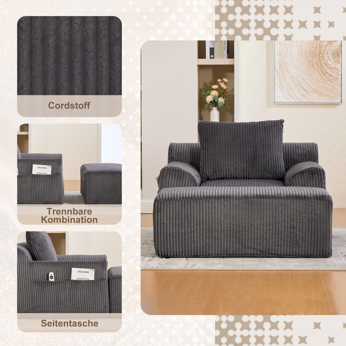 RELAXSESSELSET Übergroßer Loungesesselmit Fußhocker,Cord,Grau - Grau, Textil (110/87/147cm) - LVHOM