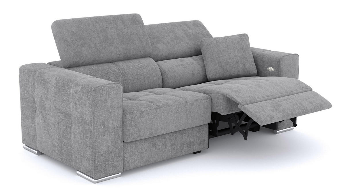 SOFA QUARTZ 3-Sitzer mit 1 Relaxfunktion, grau - Silberfarben/Grau, Holzwerkstoff/Textil (204/80/102cm) - Courtois Laville